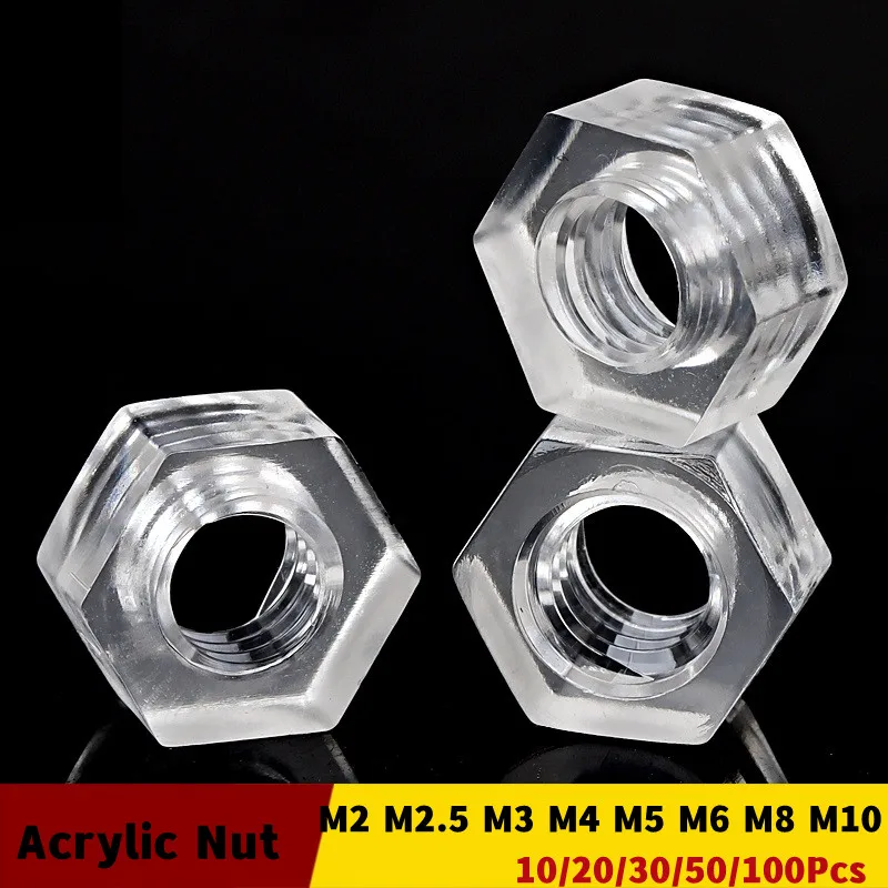 10~100pcs Transparent Hexagon Acrylic PC Nut M2 M2.5 M3 M4 M5 M6 M8 M10 Plastic Clear Polycarbonate Hex Nuts