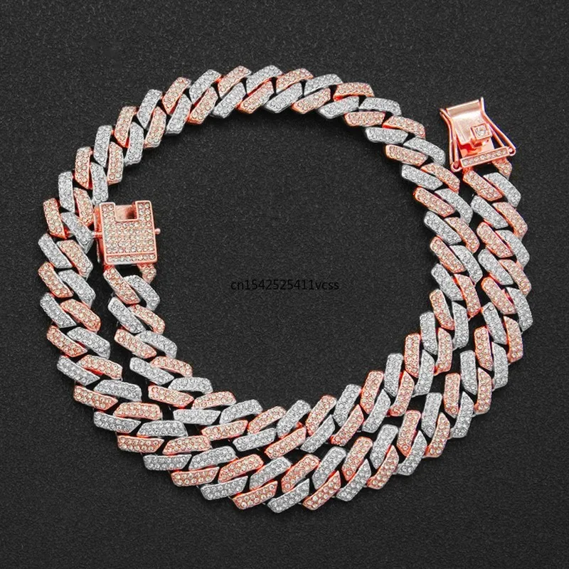 Iced Out Square Miami Cuban Link Chain Necklace For Men Women Micro Paved CZ Stone Rose Gold Color Hiphop Jewelry 16