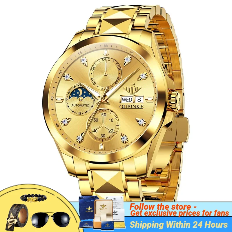 OUPINKE 3298 Mechanical Watch Men Swiss Certification Diamond Dial Gold Watches Multifunction TOP Brand Wristwatches Man Luxury