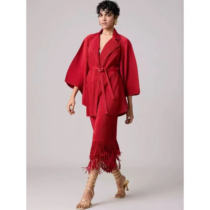 

Miyake модный плиссированный комплект из 2 предметов, женский двубортный пиджак, дизайнерская юбка с кисточками, однотонная весенняя новая одежда 2024 г.