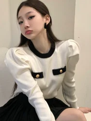 Women Contrast Sweaters Puff Long Sleeve Knit Tops 2024 Autumn Winter Korean Cropped Sweater Fashion Y2K Pullovers Chic Clothes