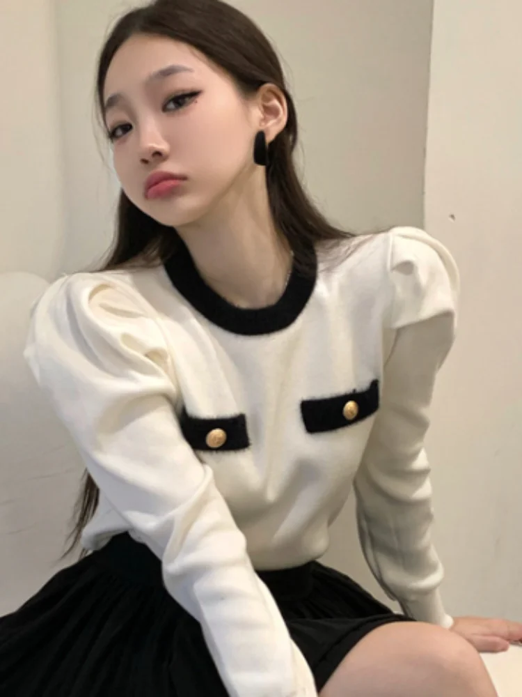 Women Contrast Sweaters Puff Long Sleeve Knit Tops 2024 Autumn Winter Korean Cropped Sweater Fashion Y2K Pullovers Chic Clothes