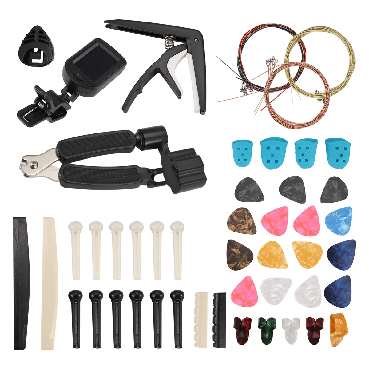 AT77 65 PCS Guitar Accessories Kit with Guitar Strings, Tuner, Capo, Picks, Pick Holder, Thumb Finger Picks, Bridge Pins