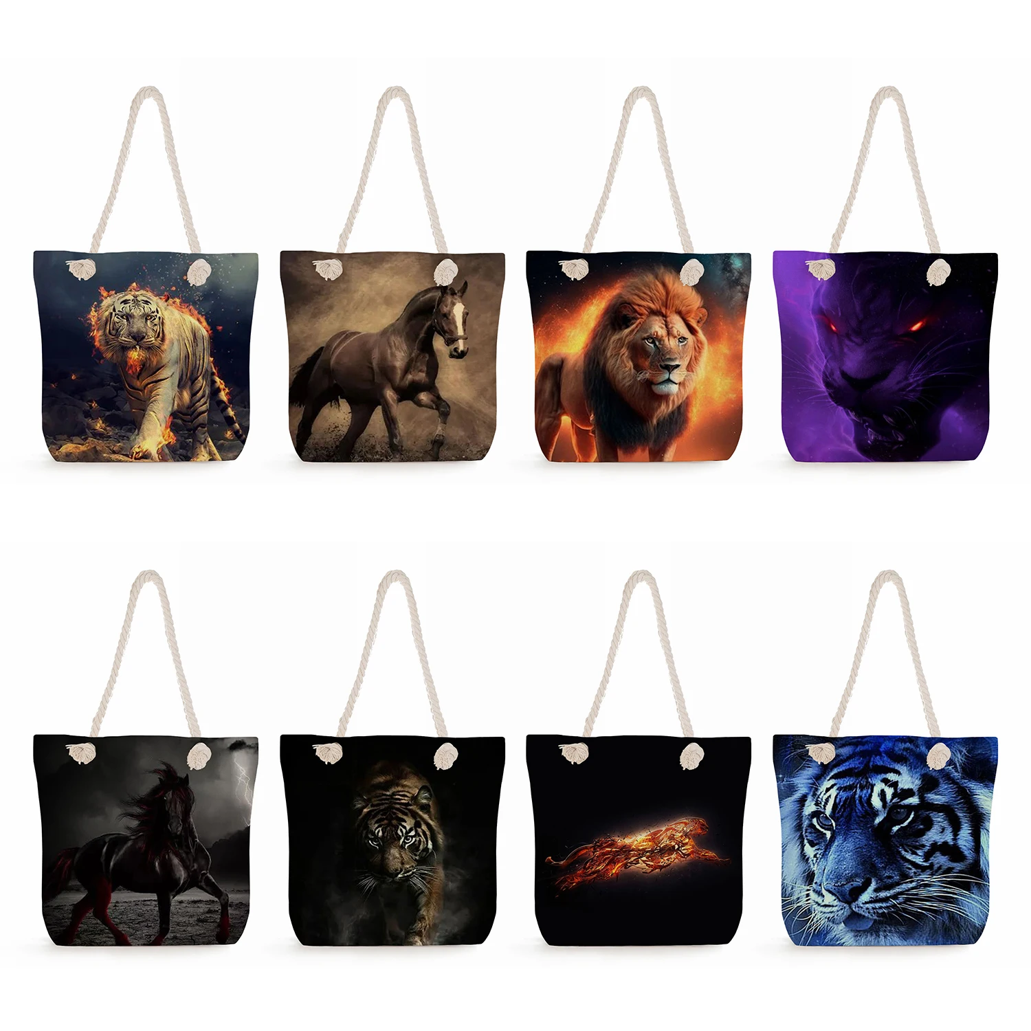 Dog Cat Print Handbags Casual High Capacity Women Shopping Tote Bags Female Cute Animal Graphic Travel Thick Rope Beach Bags