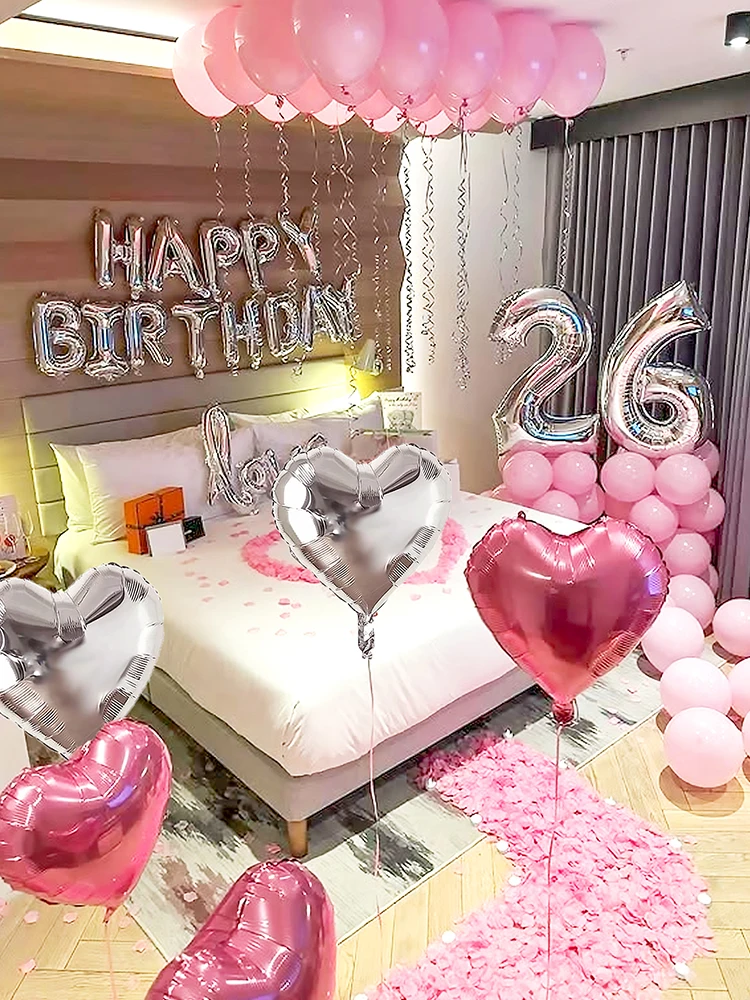 1/247pcs Pink Birthday Party Decorations, Silver Happy Birthday Balloon Banner for Birthday, Anniversary, Valentine's Day