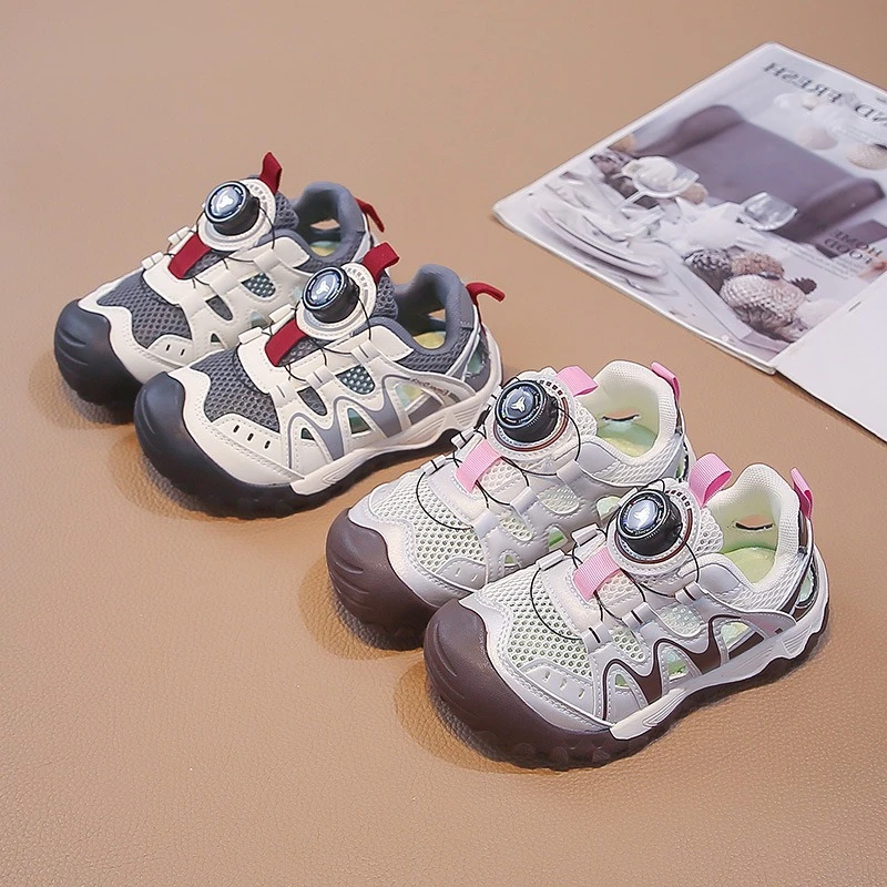 Kids Sandals Sneakers Mesh Patchwork Boys Girl's Summer Sport Shoes 2026 Summer Rotary Button Casual Sandal Child Shoe 24-37