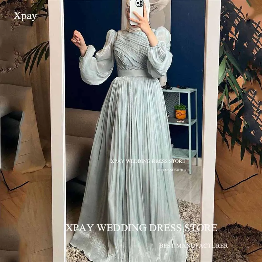 XPAY-Vestidos de Noche musulmanes verdes salvia, vestido de gasa plisado árabe saudita, vestido Formal de fiesta de graduación con Hijb, línea A, vestido para ocasiones especiales