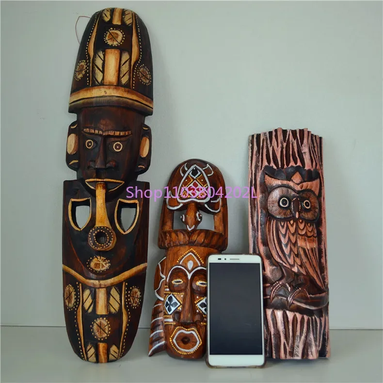 Thailand Solid Wood Carving African Mask Decoration South East Asia Hanging Jewelry Pendant Wall Bar Creative Hand Painted