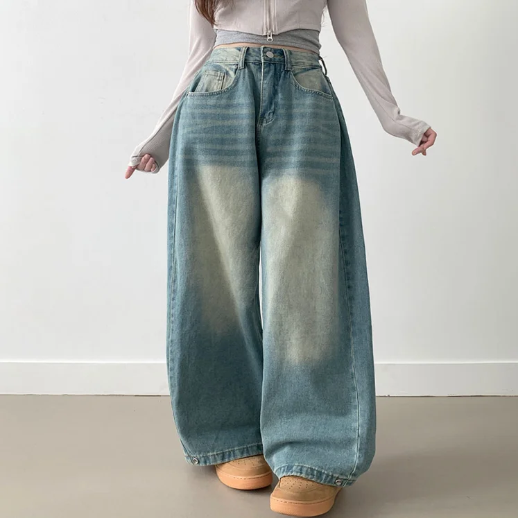 

High Waist Wide Leg Jeans Retro Waed Side Pleats Cuff Button Detail Casual Denim Pants for Women Spring Summer New Arrival