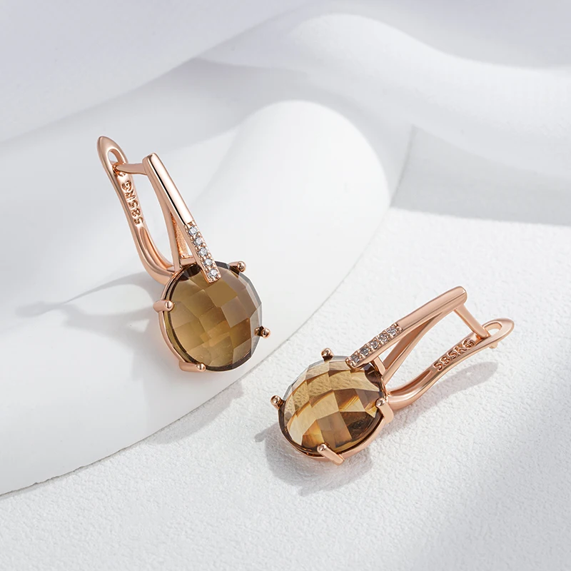Kinel Fashion Round Light Brown Natural Zircon English Earrings for Women Simple 585 Rose Gold Color High Quality Daily Jewelry