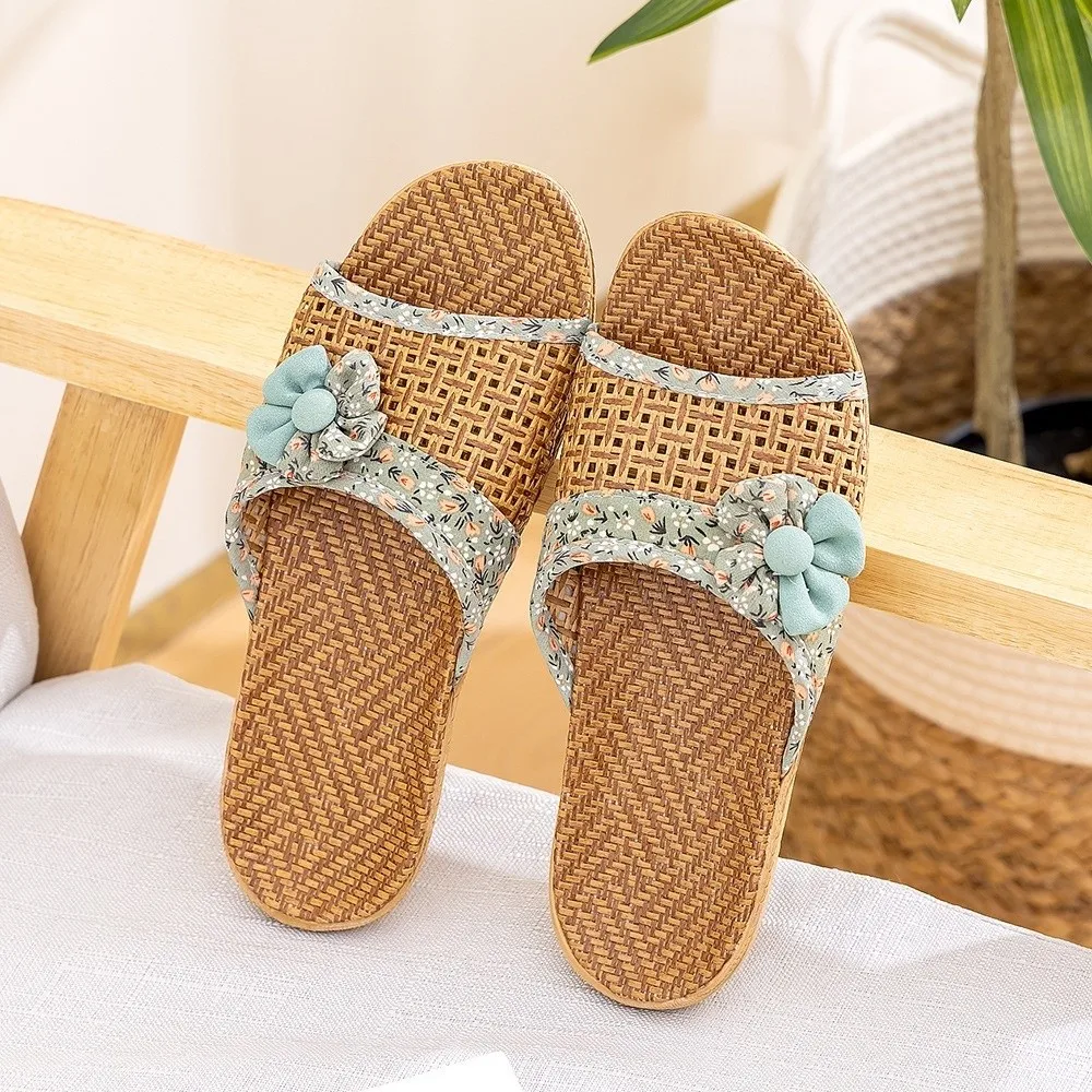 Fashion Breathable Straw Plaited Slippers Flower EVA Bottom Linen Slippers Non-Slip Shoes Home Slippers Wood Floor