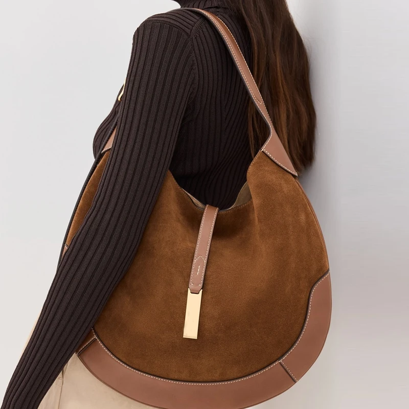 

Faux Suede Splicing Large Capacity Shoulder Bags For Women Luxury Designer Handbag Purses 2024 New In Vintage Saddle Crossbody
