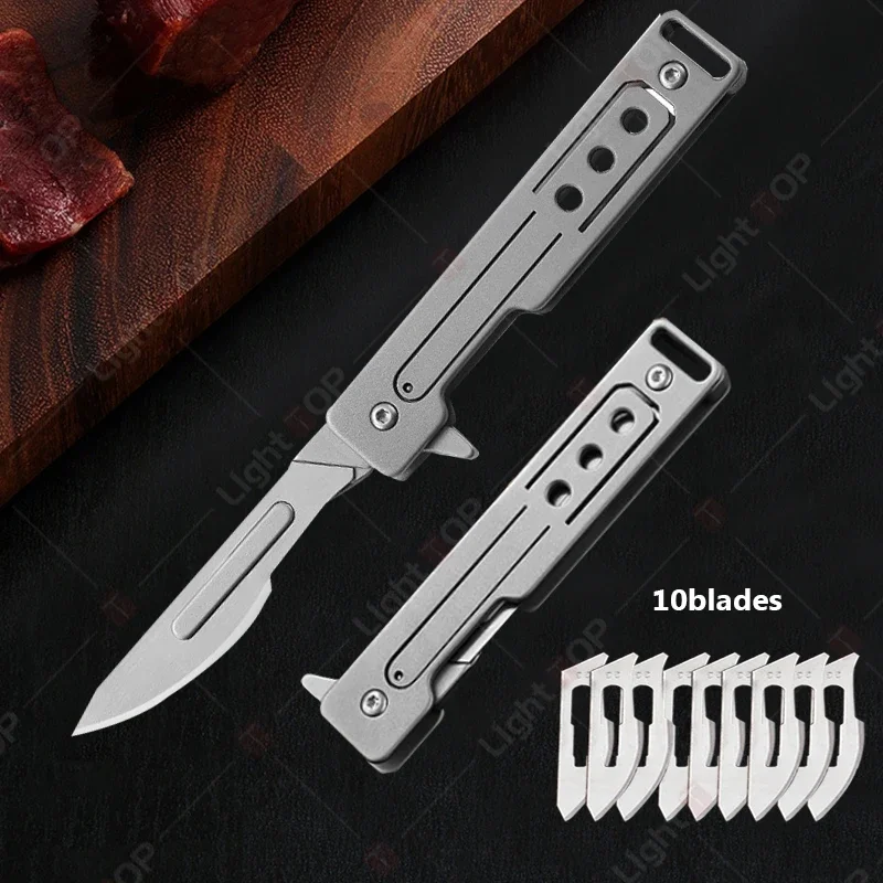 Stainless Steel Folding Pocket Knife  With 10 Replaceable Blades Sharp Surgical Mini Knife Multifunctional Cutting Knife Kit