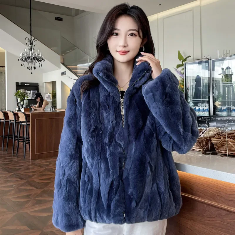 Damska kurtka z futra królika Rex, casualowa, zimowa, nowa moda, stójka, zapinana na zamek, gruba, ciepła, futrzana, luźna odzież wierzchnia, model W1157