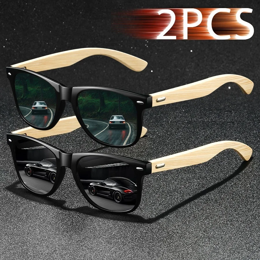 2 Stück Modische Quadratische Holz-Vintage-Sonnenbrillen für Männer und Frauen zum Fahren und Angeln Markendesigner-Sonnenbrillen Herren-Brillen