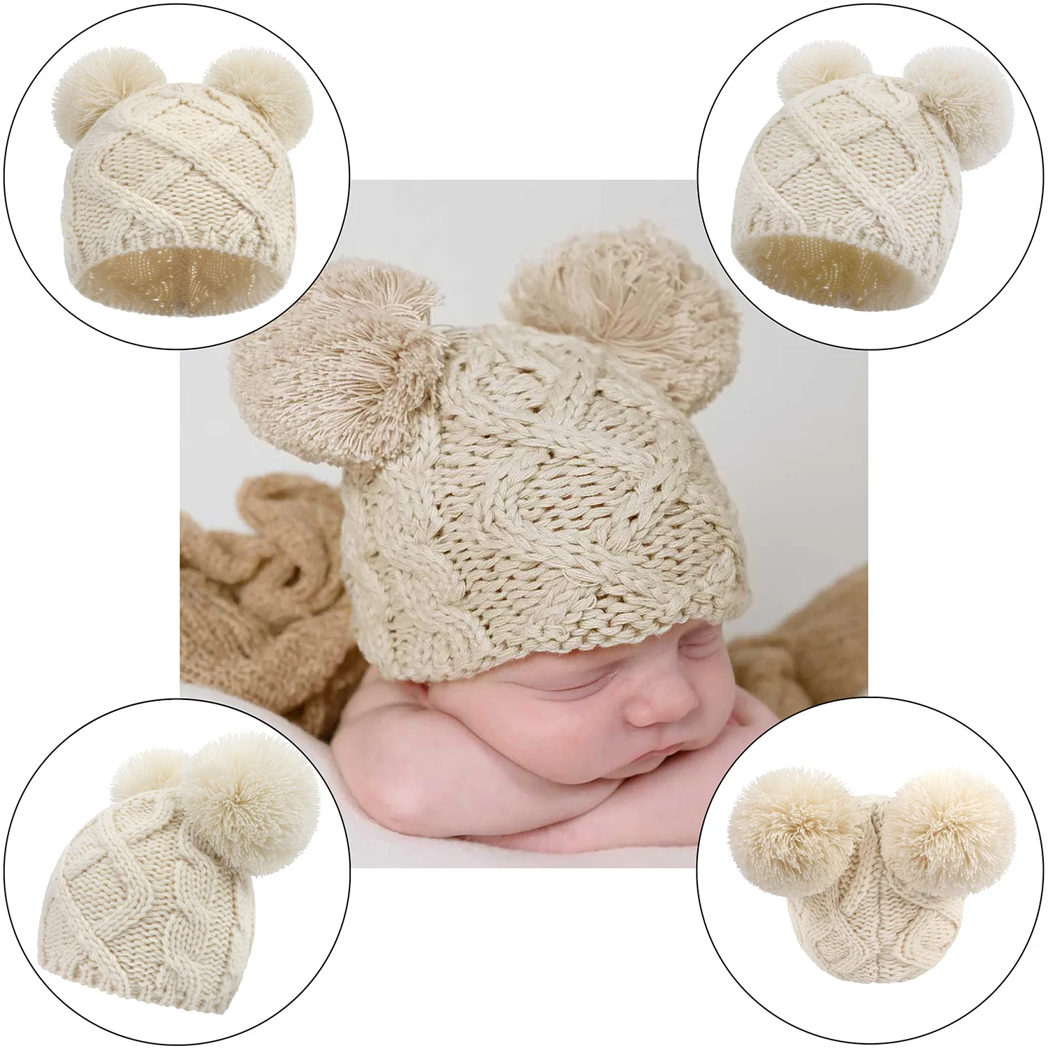 Newborn Winter Hat Crochet Solid Baby Bear Ear Infant Bonnet Baby Cap for Girls Boys 0-18M Kids New Pompoms Baby Beanie Autumn