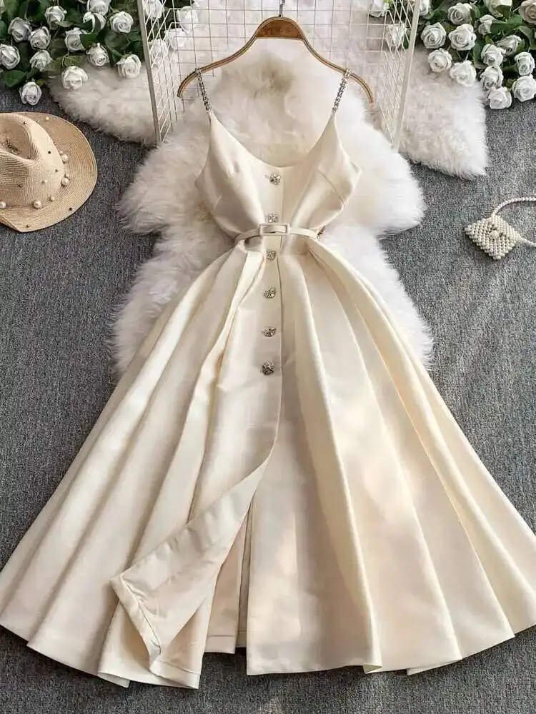 

Light Luxury Crystal Evening Long Dresses Women Summer Holiday Straps Sundress Bridesmaid Weddding Party Vestidos Midi Robe