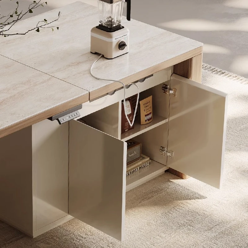 Island Dining Table Integrated French Cream Style Retractable Household Lift Dining Table And Chairs Minimalist Modern Rectangle