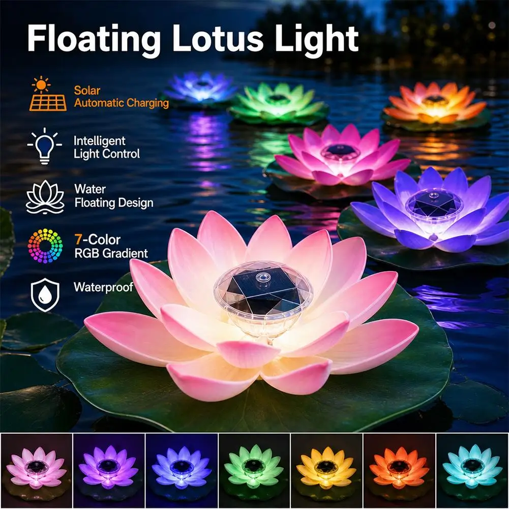 LED Light Floating Lotus Light  Waterproof  Solar Powered Lotus Lamp Water Floating Lotus Night Lamp Intelligent Light