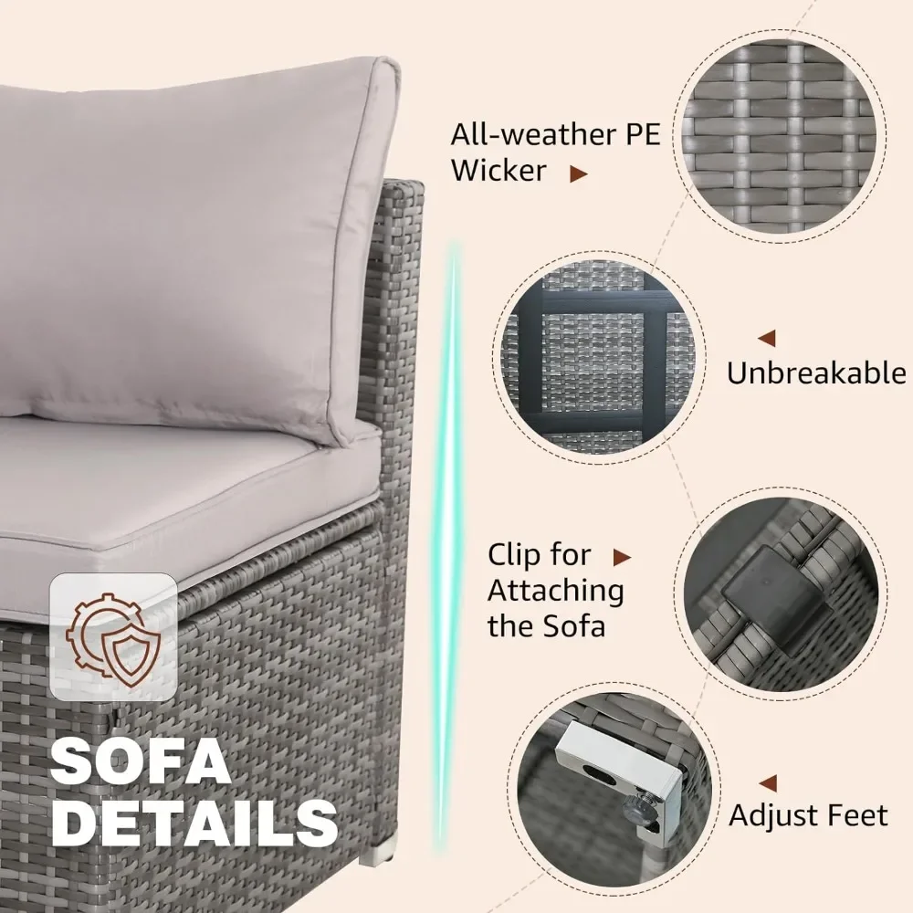 Set furnitur luar ruangan 7 buah, Sofa bagian rotan, bantal dapat dicuci & meja kopi kaca untuk halaman belakang teras-abu-abu