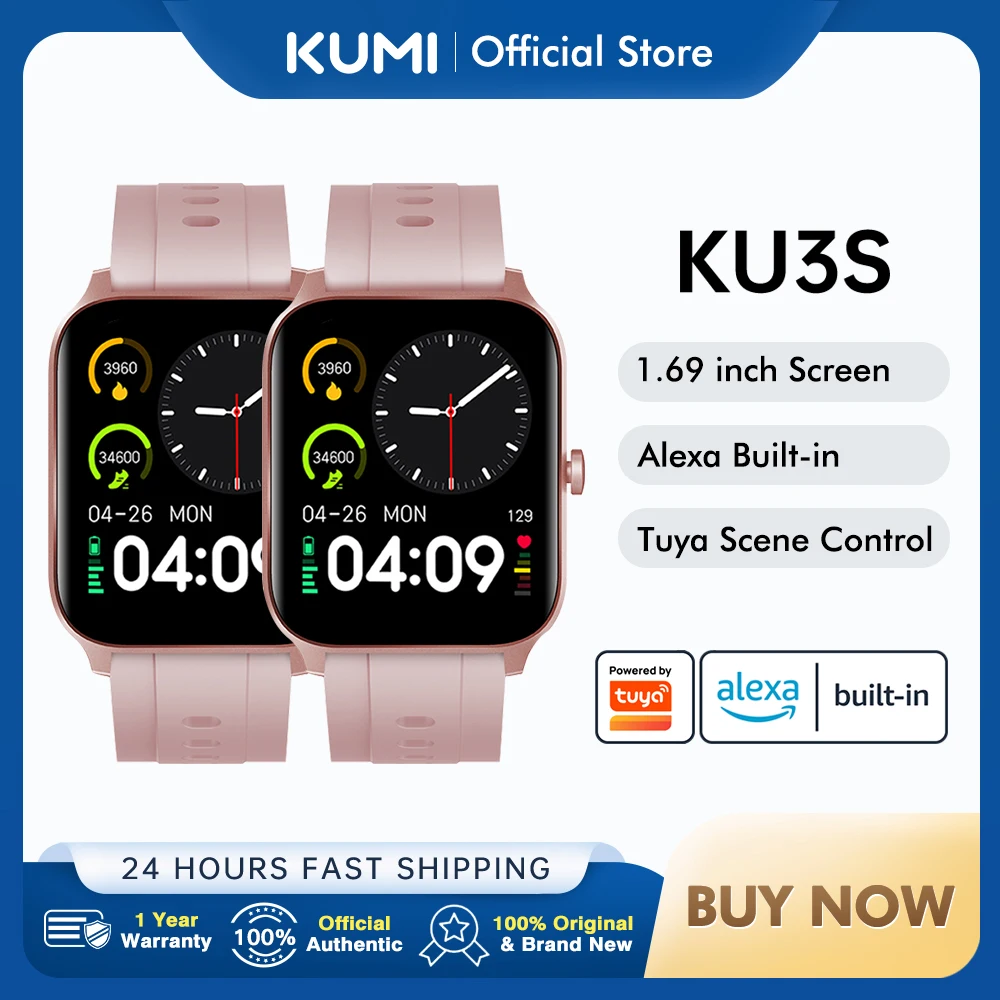 KUMI KU3S Alexa Smart Watch Tuya Call Sport Fitness Heart Rate Blood Pressure Sleep Monitor IP68 Waterproof Women Smartwatch