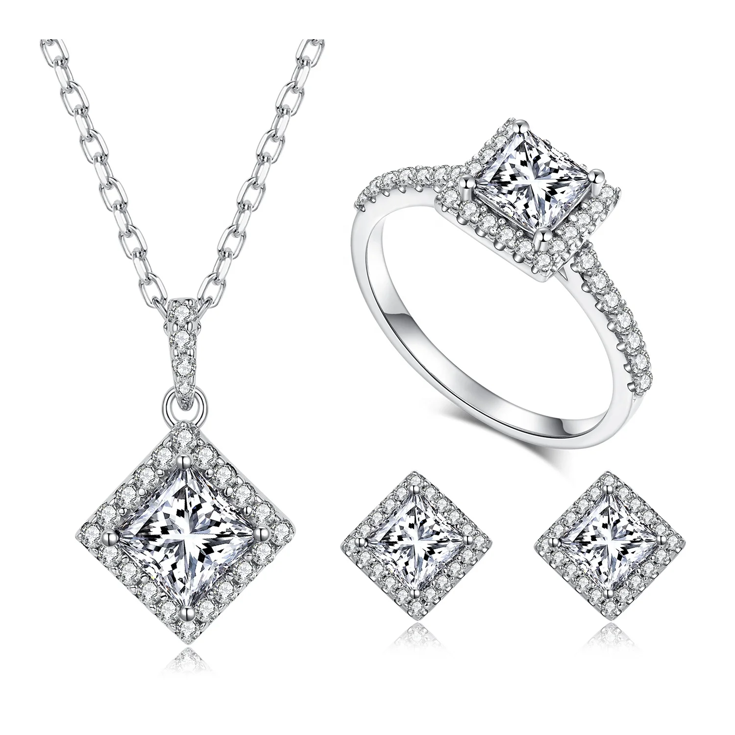 

Wholesale Princess Cut Moissanite Diamond Sterling Silver Jewelry Set for Wedding