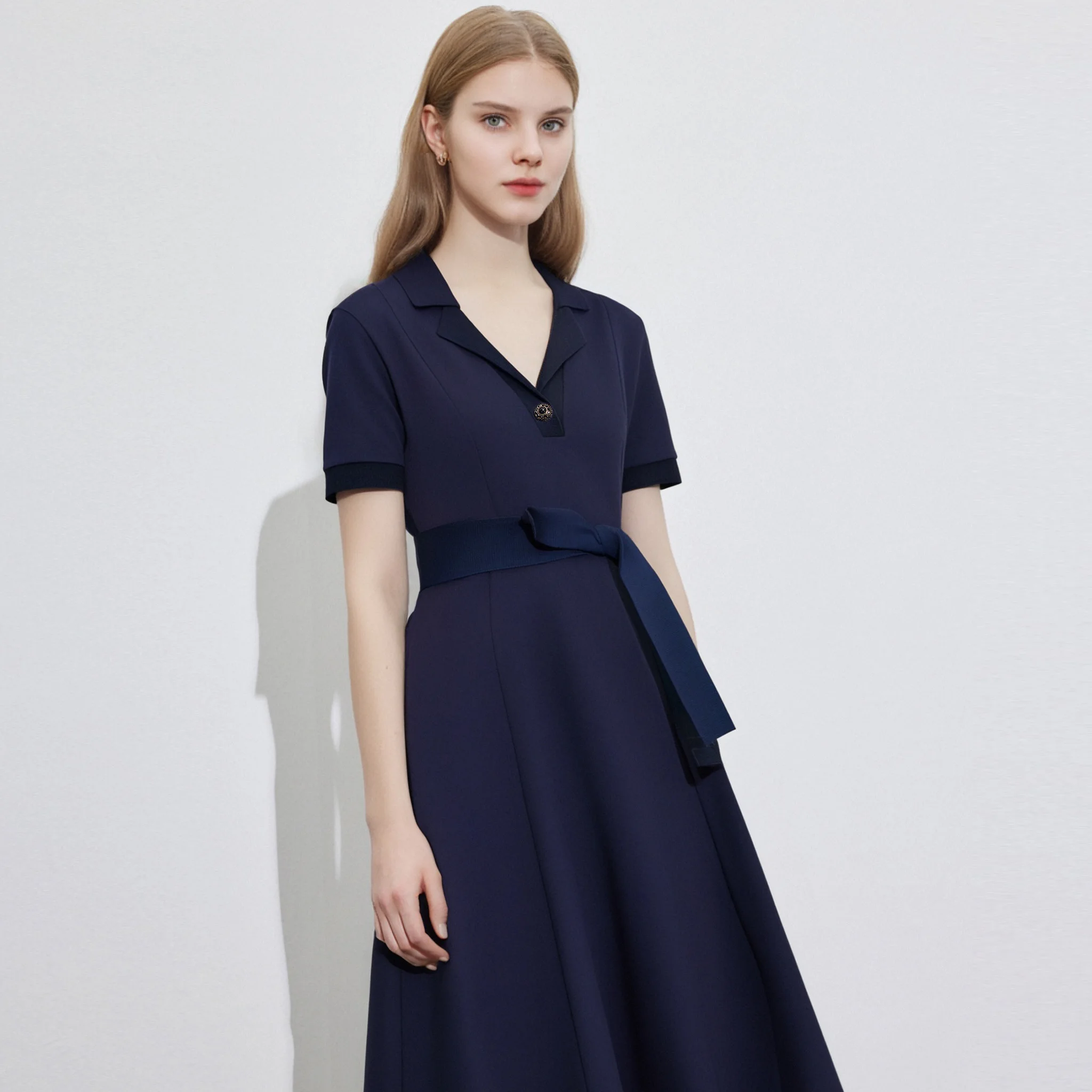 

Fashion Women Shirt Dress Elegant High Waisted V Neck Short Sleeve Bow Belt Office Ladies Dresses 2025 Summer Solid Dress