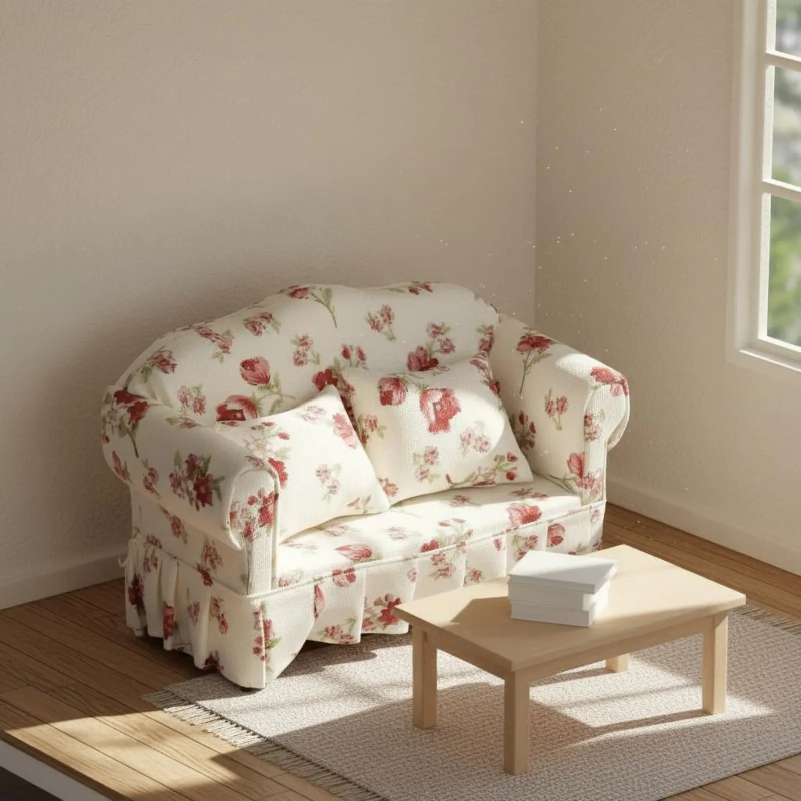 

1:12 Scale Floral Loveseat Realistic Model Dollhouse Two-Seater Sofa Small Flower Print Sofa Handmade for Miniature Scene Scenes