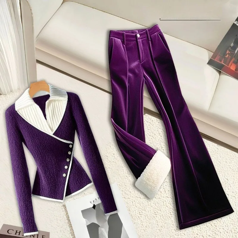 Winter Originele bestseller Veelzijdige high-end paarse set Stijlvol elegant design Sweaterbroek Tweedelige set Mode Dameskleding