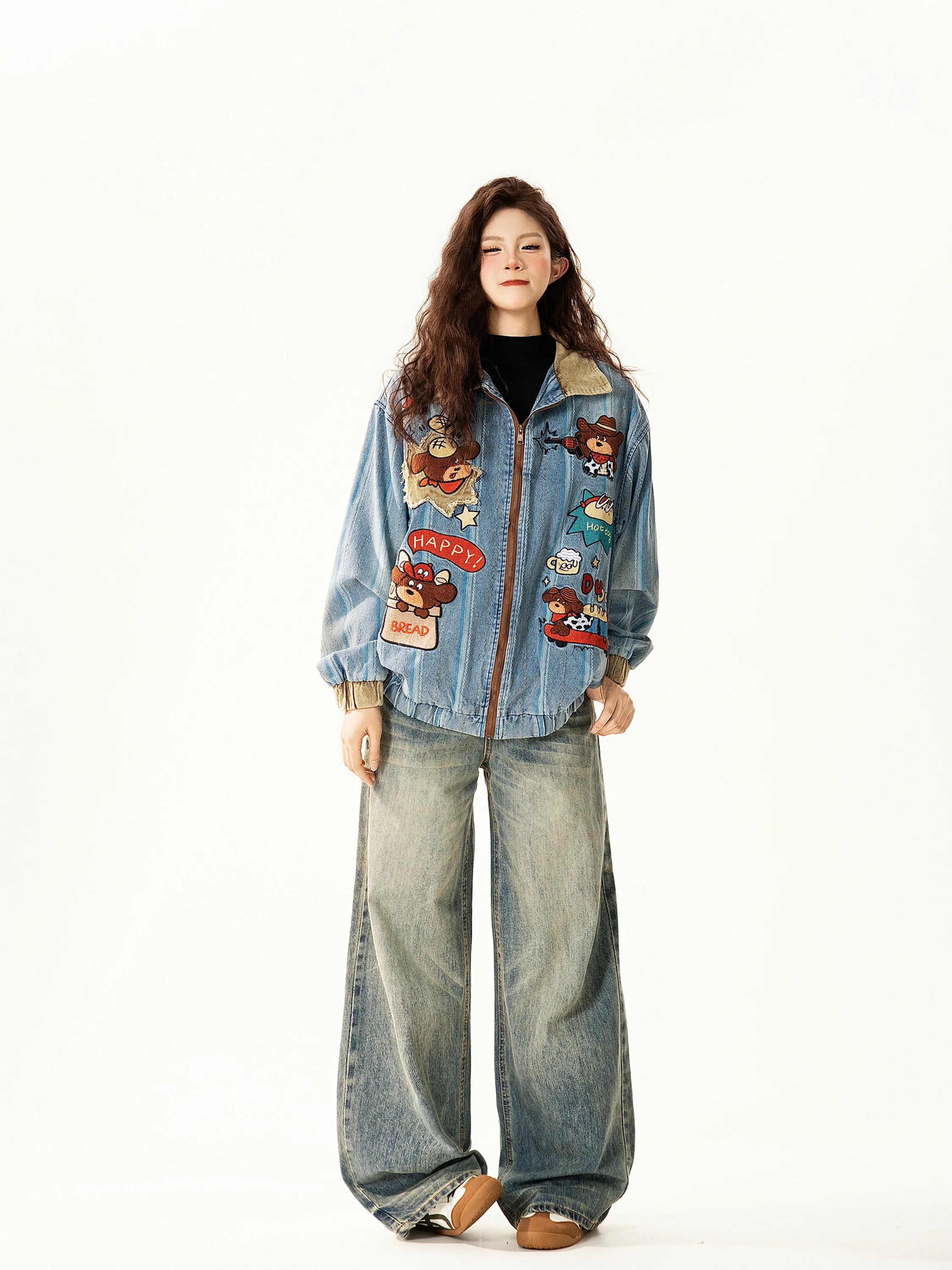 

Retro American Fun Dog Embroidery Denim Jacket Women Loose Casual Versatile Turn-down Collar Jacket Trendy Street Style