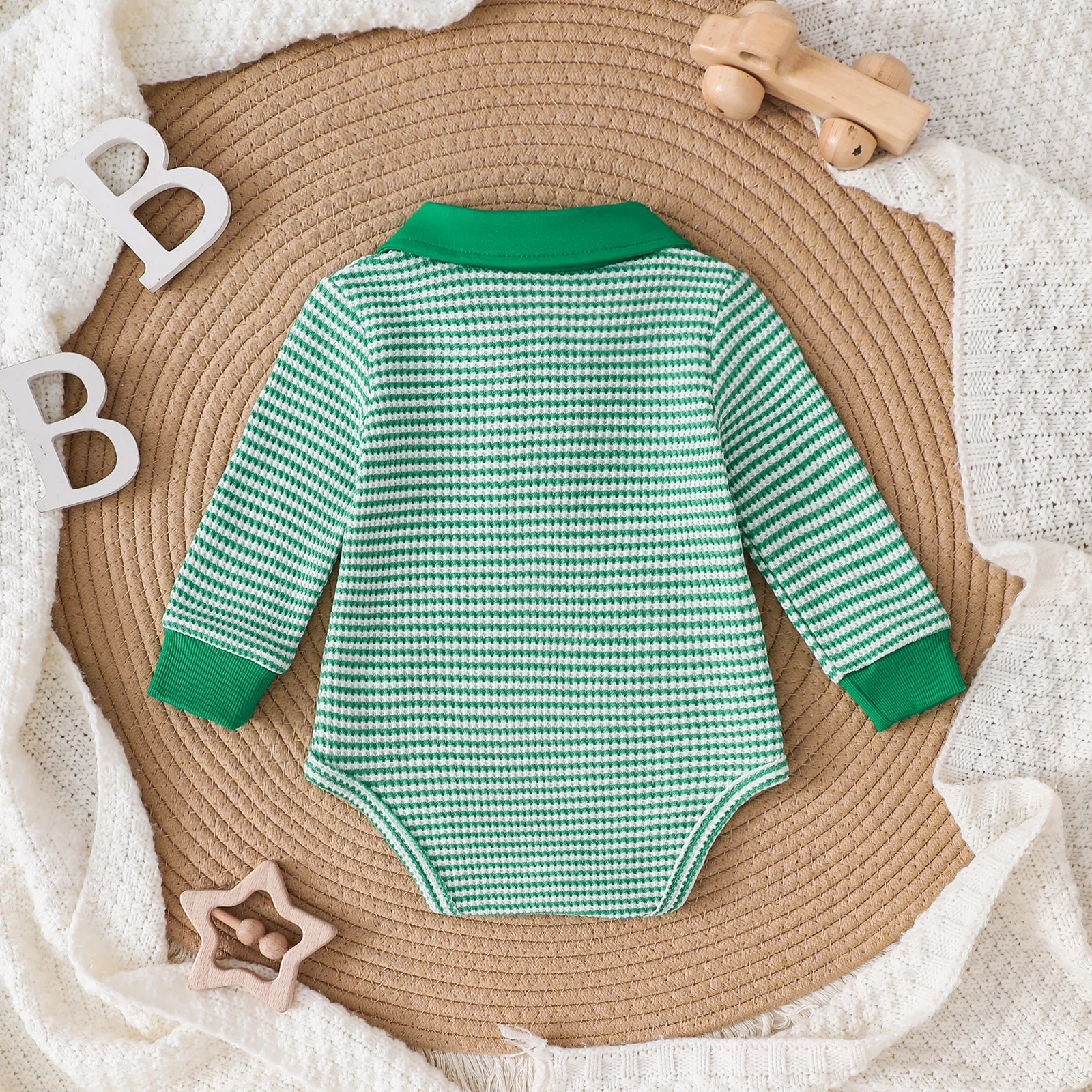 Waffle Green Striped Polo Collar Neutral Baby Long Sleeve Bodysuit Casual Infant Romper