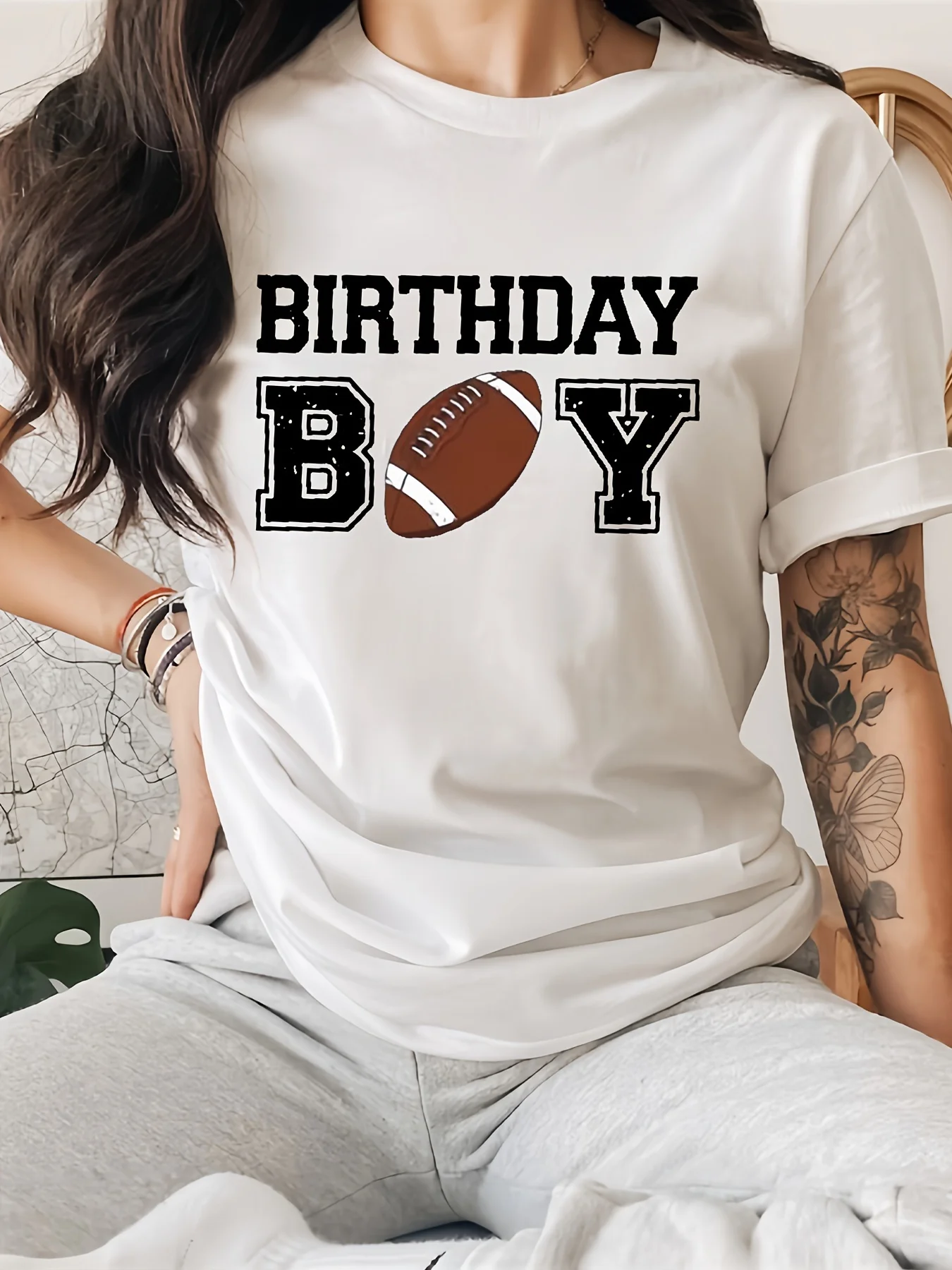 Birthday Football Rugby Graphic Round Neck Sports Tee, Short Sleeves Casual Running Top, Women's Activewear