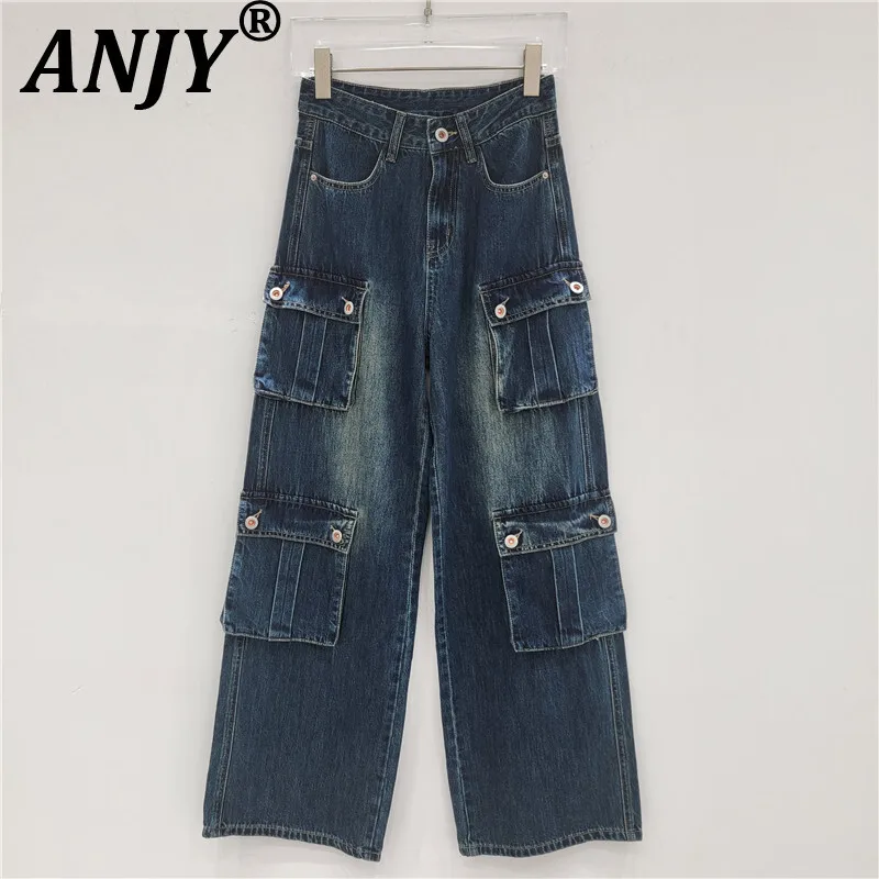 

ANJY Autumn New Women Vintage Streetwear Stylish Cargo Jeans Casual Safari Style Chic Multi-Pocket Straight Wide Leg Pants A7786