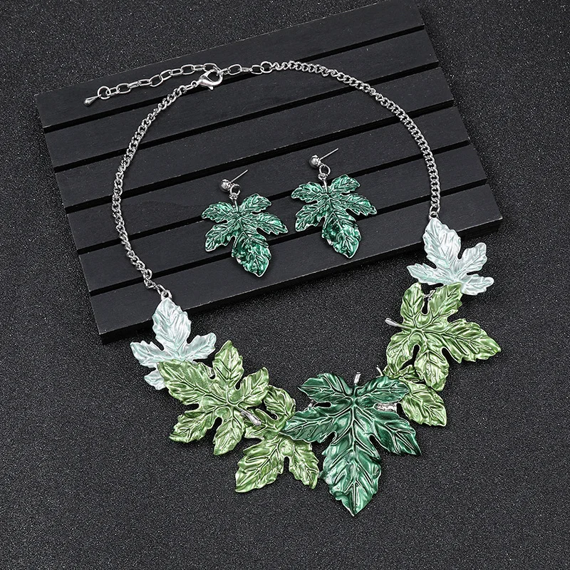 Color Maple Leaf Alloy Necklace Set Retro Leaves Necklace Earring Wedding Jewelry Set Valentine\'s Day Gift for Women Party