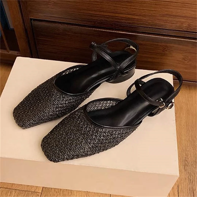 

Eilyken Fashion Breathable Mesh Hollow Out Square Toe Women Pumps Sandals Summer Ankle Buckle Strap Low Heels Shoes