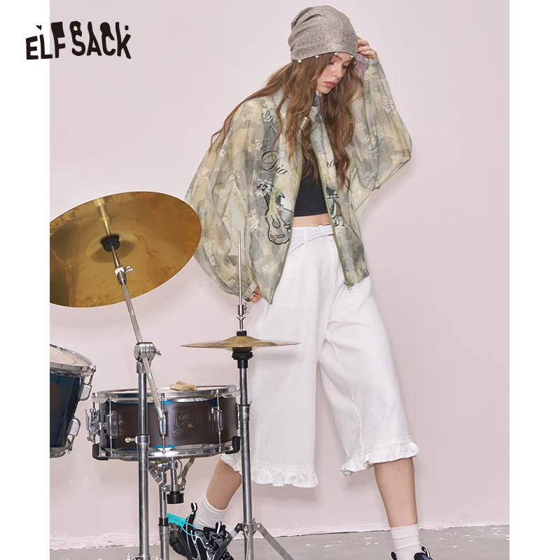 ELFSACK 2025 Summer New Arrival Cool Original Printed Camouflage Thin Sheer Jacket Sweet Cool Casual Top For Woman