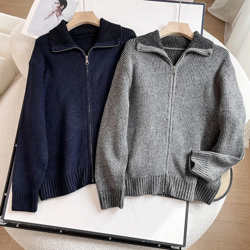 

Вязаный свитер на молнии, удобный, с ребристой текстурой, для мужчин и женщин, осенне-зимняя повседневная верхняя одежда, стандартной длины