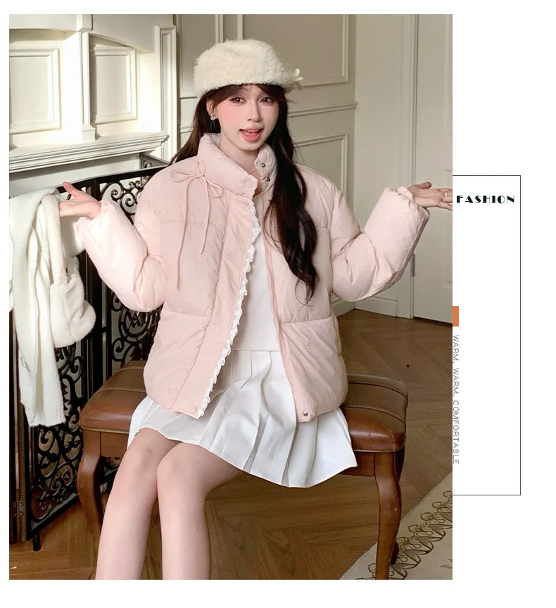 Sweet Pink Bow Stand Collar Puffer Jacket Women Korean Lace Spliced Thick Outerwear Students Winter Warm Cropped Cotton Jackets
