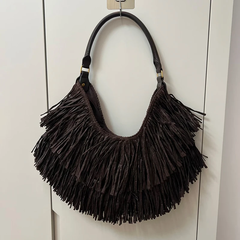 Vintage Tassel Handbag,Women Hobo Fringe Underarm Shoulder Bag,Designer Retro Casual Everyday Commuter Tote Bag,Coffee Color
