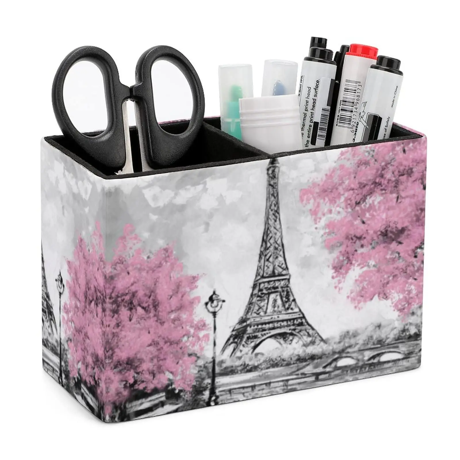 Eiffel Tower Pen Holder Pencil Holder for Desk PU Leather Storage Desk Pencil Pen Organizer Makeup Brush Holder for Bedroom Home