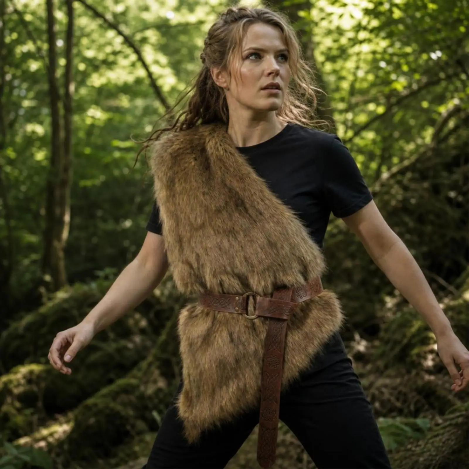 Faux Pile Vest with Belt Viking-Inspired Cosplay Vest Costume Layer Furry Shawl Plush for Cosplayers, Halloween