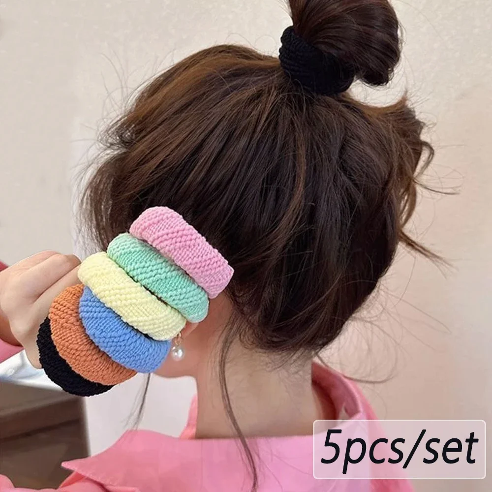 

5pcs/Set Mixed Color Thick Hair Ties Soft Seamless Towel Scrunchies Women Girls Elastic No Damage Ponytail Holders Rubber Band
