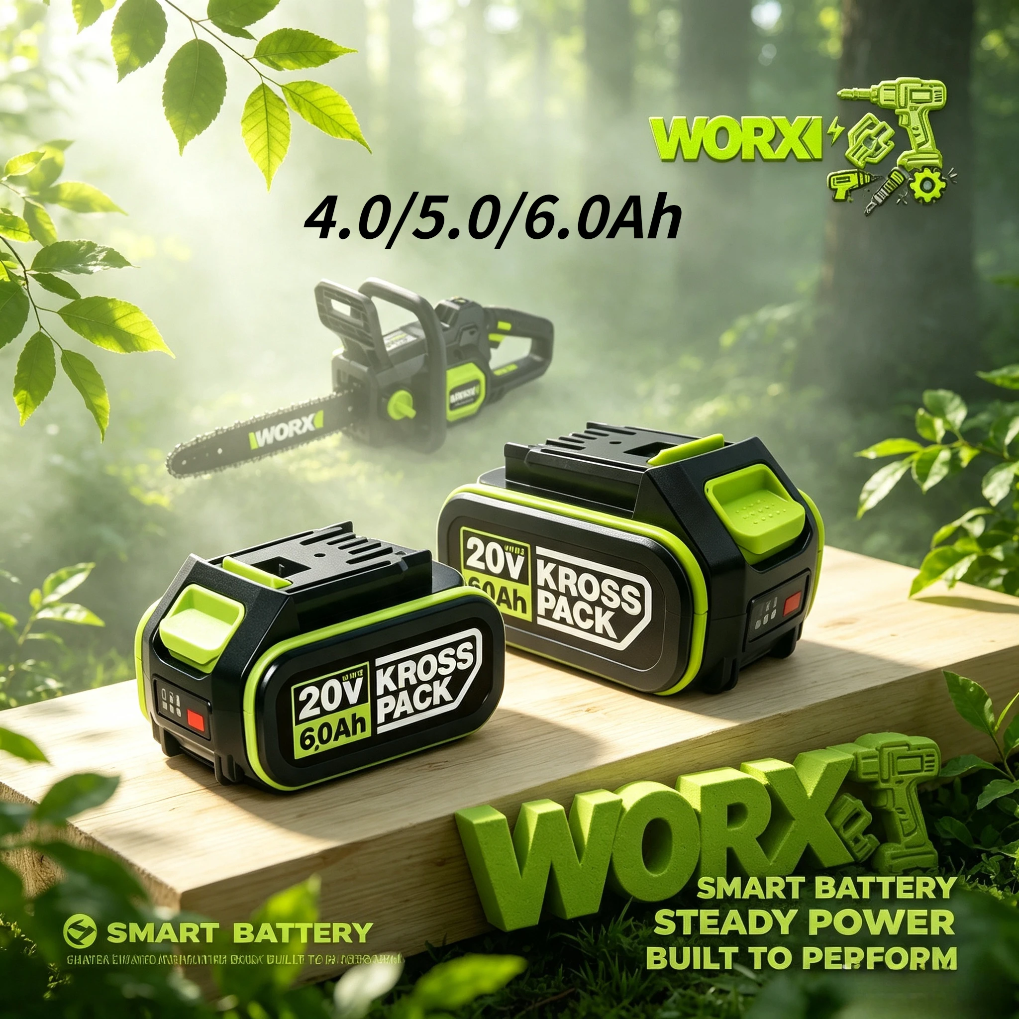 Original WORX Green Kross Pack 20V 5.0Ah Battery Even Discharge Performance No Sudden Power Drop During Intensive Cutting Jobs