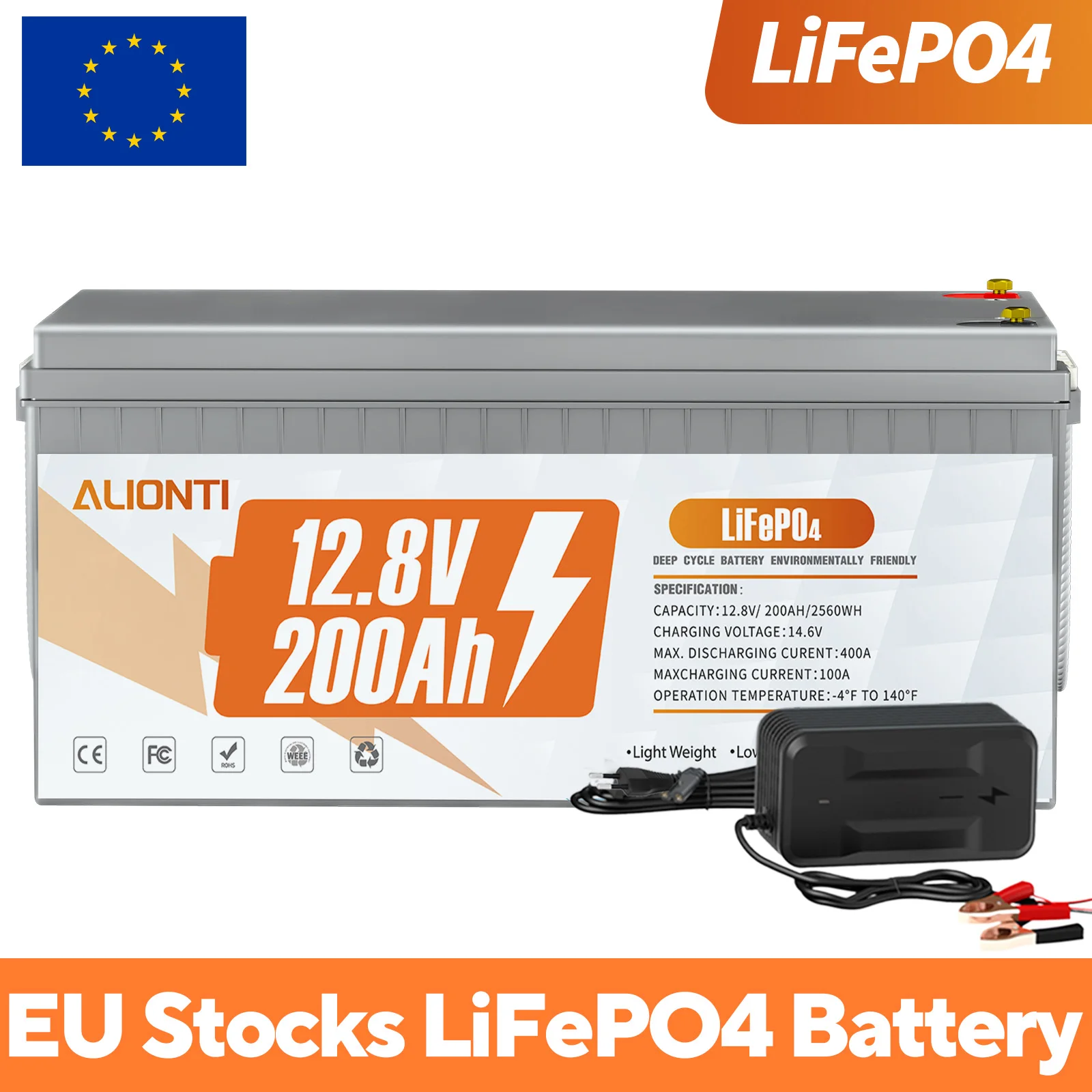 LiFePO4 12V 200Ah Battery Pack 2560Wh Built in 200A BMS Grade A Cells 6000+ Cycles RV Golf Cart Boat Solar Battery EU STOCK