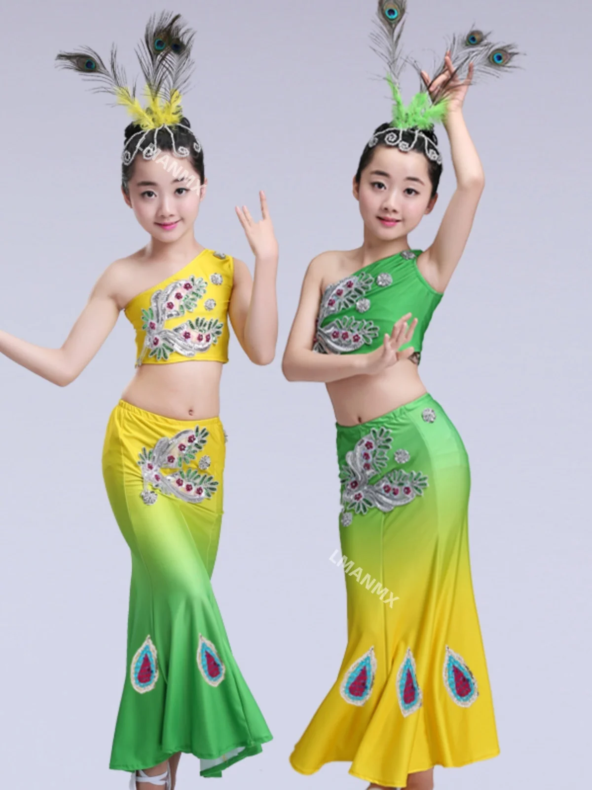 Children's Dai dance costume peacock dance performance costume elastic and comfortable sequined fishtail skirt