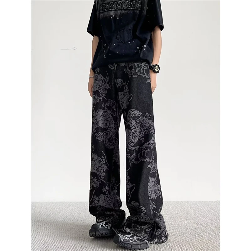 Women\'s Chinese Dragon Pattern Design Unisex Jeans Cool Girl High Waist Bottoms Wide Legs Pants Female Baggy Denim Trousers