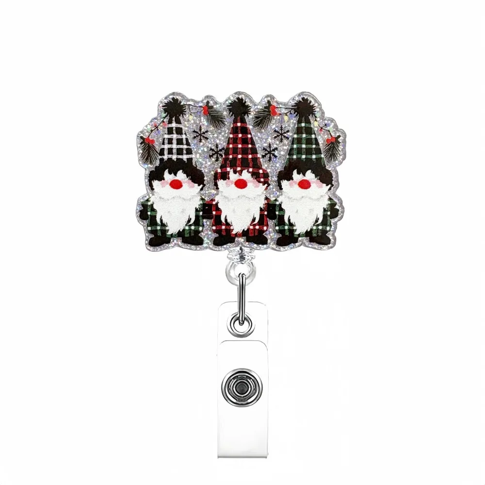 Retractable Christmas Badge Reels Acrylic Christmas Hat Snowman Elk Nurse ID Badge Holder Rotation Alligator Badge Clip Xmas