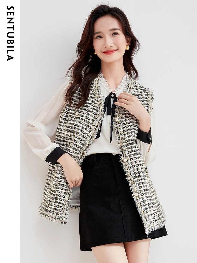 

SENTUBILA Tweed Sleeveless Jacket Women Loose Houndstooth Vest Spring Autumn New V-neck Fashion Tops Woman Waistcoat 133J50661