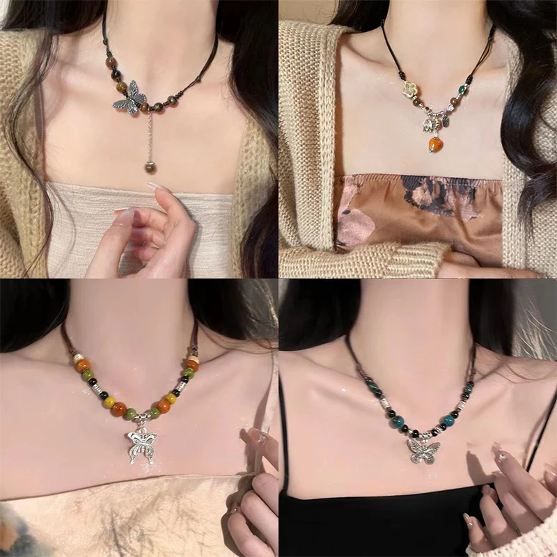 Kalung bunga kamelia kupu-kupu gaya etnik rantai Sweater panjang Vintage untuk wanita anak perempuan kalung indah hadiah perhiasan