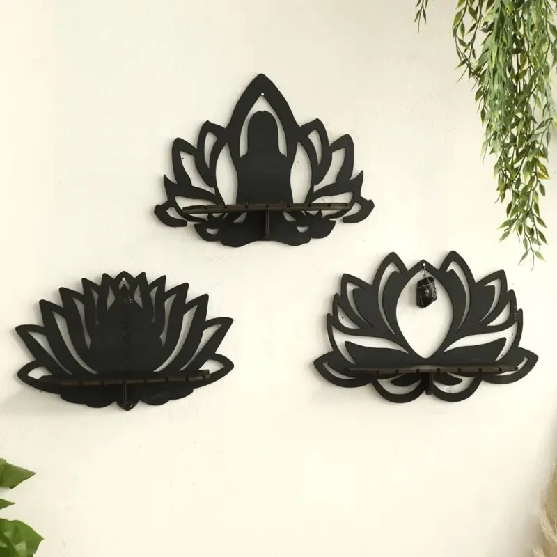 Wooden Wall Shelf Lotus Crystal Display Stand for Boho Home Decor Aesthetic Room Accent for Living Room and Meditation Corner